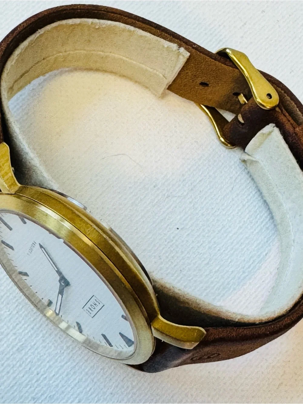 SHORE Projects POOLE Sapphire Crystal 39mm Men's Gold White Watch Brown Leather